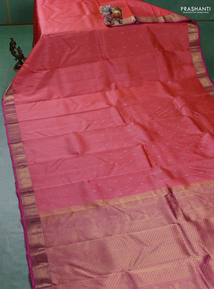 Pure kanchipuram silk saree peach shade and pink with allover zari woven buttas and zari woven annam border