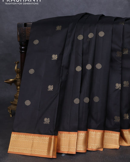 Pure kanchipuram silk saree black and dark mustard with annam & rudhraksha zari woven buttas and zari woven korvai border