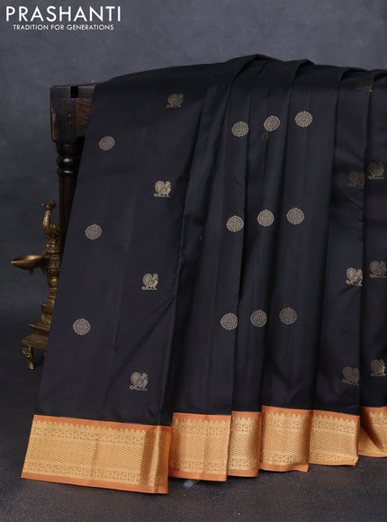 Pure kanchipuram silk saree black and dark mustard with annam & rudhraksha zari woven buttas and zari woven korvai border