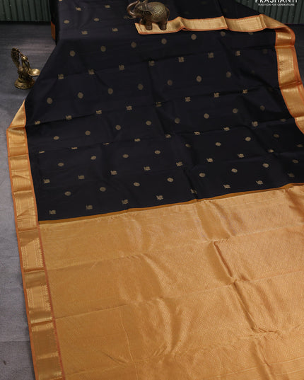Pure kanchipuram silk saree black and dark mustard with annam & rudhraksha zari woven buttas and zari woven korvai border