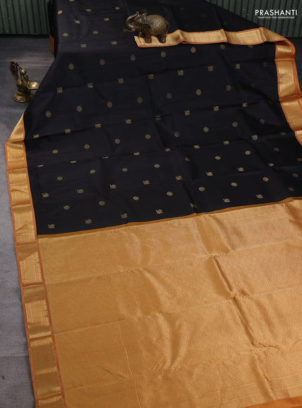 Pure kanchipuram silk saree black and dark mustard with annam & rudhraksha zari woven buttas and zari woven korvai border
