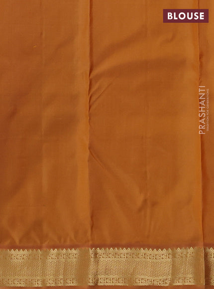 Pure kanchipuram silk saree black and dark mustard with annam & rudhraksha zari woven buttas and zari woven korvai border