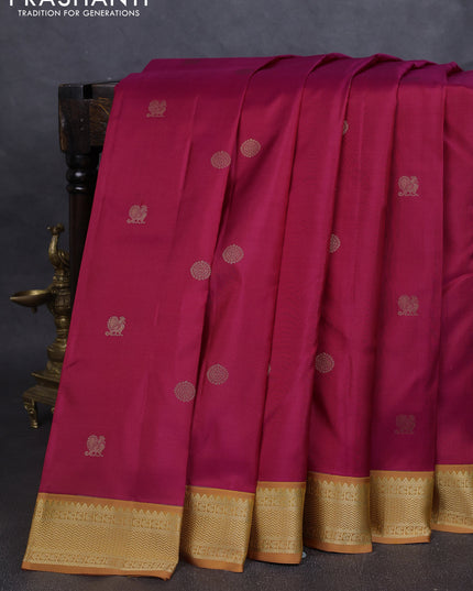 Pure kanchipuram silk saree pink and dark mustard with annam & rudhraksha zari woven buttas and zari woven korvai border