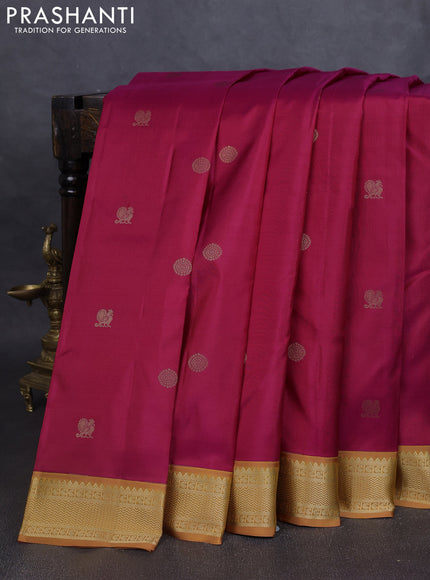 Pure kanchipuram silk saree pink and dark mustard with annam & rudhraksha zari woven buttas and zari woven korvai border