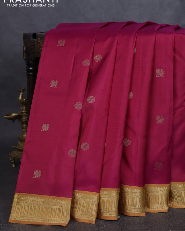 Pure kanchipuram silk saree pink and dark mustard with annam & rudhraksha zari woven buttas and zari woven korvai border