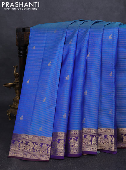 Pure kanchipuram silk saree blue and dual tone deep purple with allover vairaosi pattern & buttas and rich vansingaram zari woven border