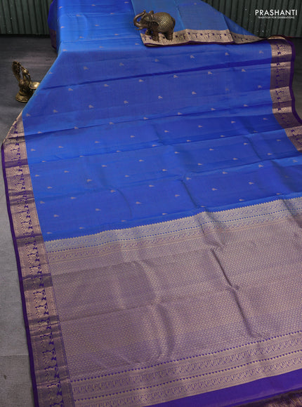 Pure kanchipuram silk saree blue and dual tone deep purple with allover vairaosi pattern & buttas and rich vansingaram zari woven border