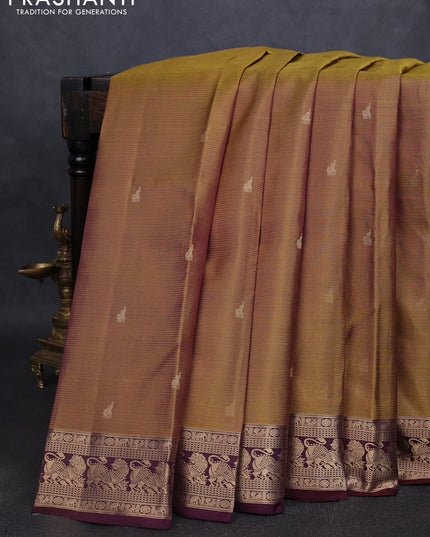 Pure kanchipuram silk saree mehendi green and wine shade with allover vairaosi pattern & buttas and rich vansingaram zari woven border