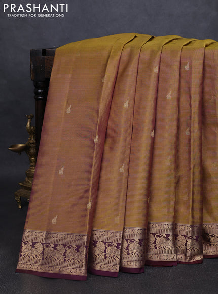 Pure kanchipuram silk saree mehendi green and wine shade with allover vairaosi pattern & buttas and rich vansingaram zari woven border