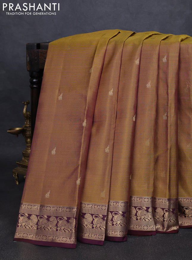 Pure kanchipuram silk saree mehendi green and wine shade with allover vairaosi pattern & buttas and rich vansingaram zari woven border