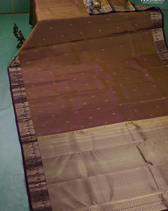 Pure kanchipuram silk saree mehendi green and wine shade with allover vairaosi pattern & buttas and rich vansingaram zari woven border