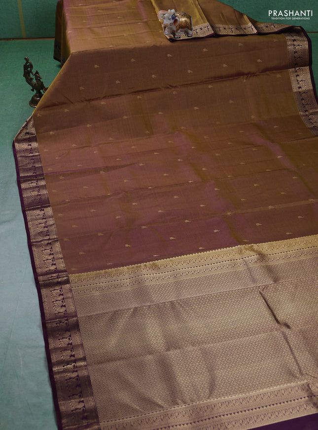 Pure kanchipuram silk saree mehendi green and wine shade with allover vairaosi pattern & buttas and rich vansingaram zari woven border