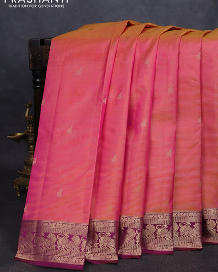 Pure kanchipuram silk saree dual tone pinkish orange and dark magenta with allover vairaosi pattern & buttas and rich vansingaram zari woven border