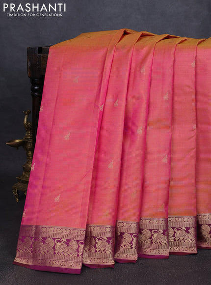 Pure kanchipuram silk saree dual tone pinkish orange and dark magenta with allover vairaosi pattern & buttas and rich vansingaram zari woven border