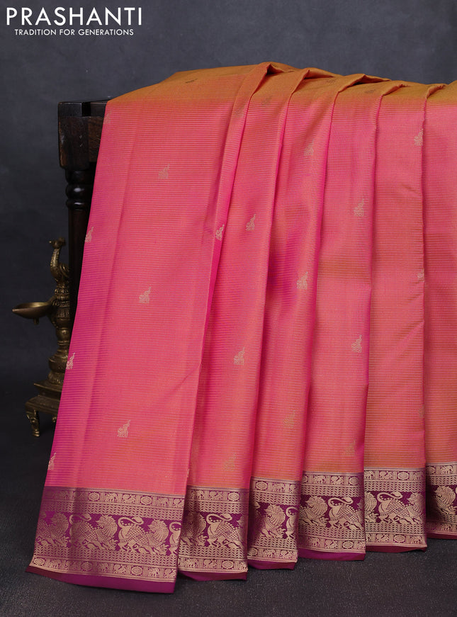 Pure kanchipuram silk saree dual tone pinkish orange and dark magenta with allover vairaosi pattern & buttas and rich vansingaram zari woven border