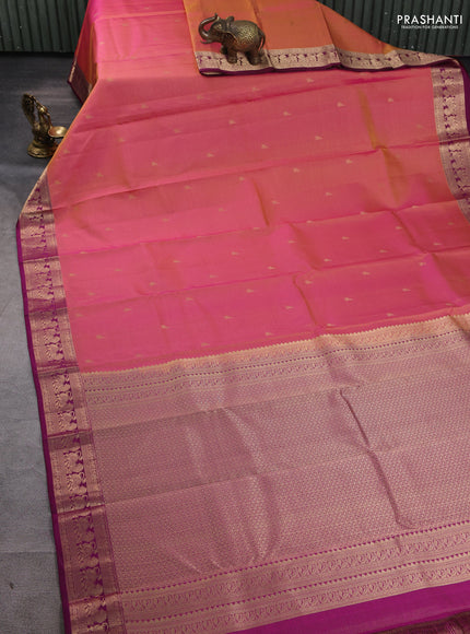 Pure kanchipuram silk saree dual tone pinkish orange and dark magenta with allover vairaosi pattern & buttas and rich vansingaram zari woven border