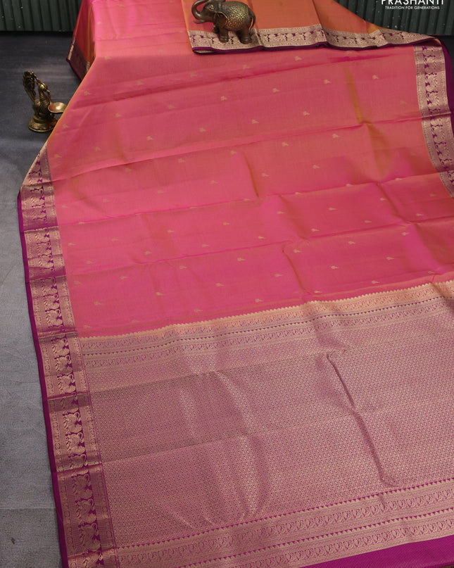 Pure kanchipuram silk saree dual tone pinkish orange and dark magenta with allover vairaosi pattern & buttas and rich vansingaram zari woven border
