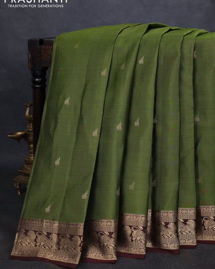 Pure kanchipuram silk saree green and coffee brown with allover vairaosi pattern & buttas and rich vansingaram zari woven border