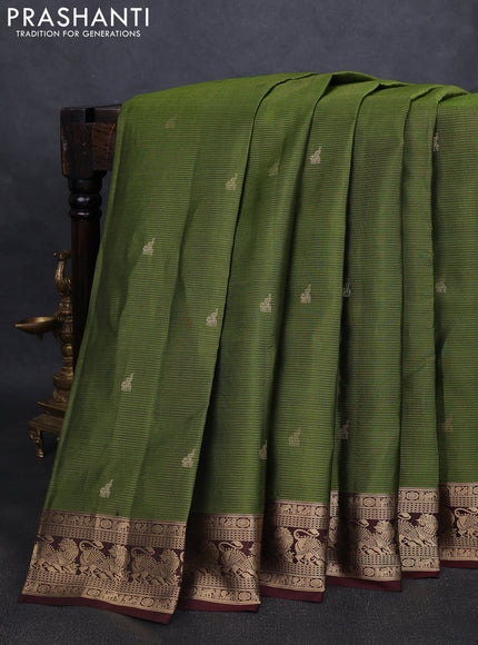Pure kanchipuram silk saree green and coffee brown with allover vairaosi pattern & buttas and rich vansingaram zari woven border