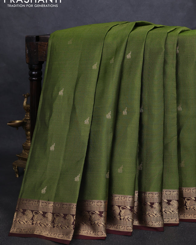 Pure kanchipuram silk saree green and coffee brown with allover vairaosi pattern & buttas and rich vansingaram zari woven border