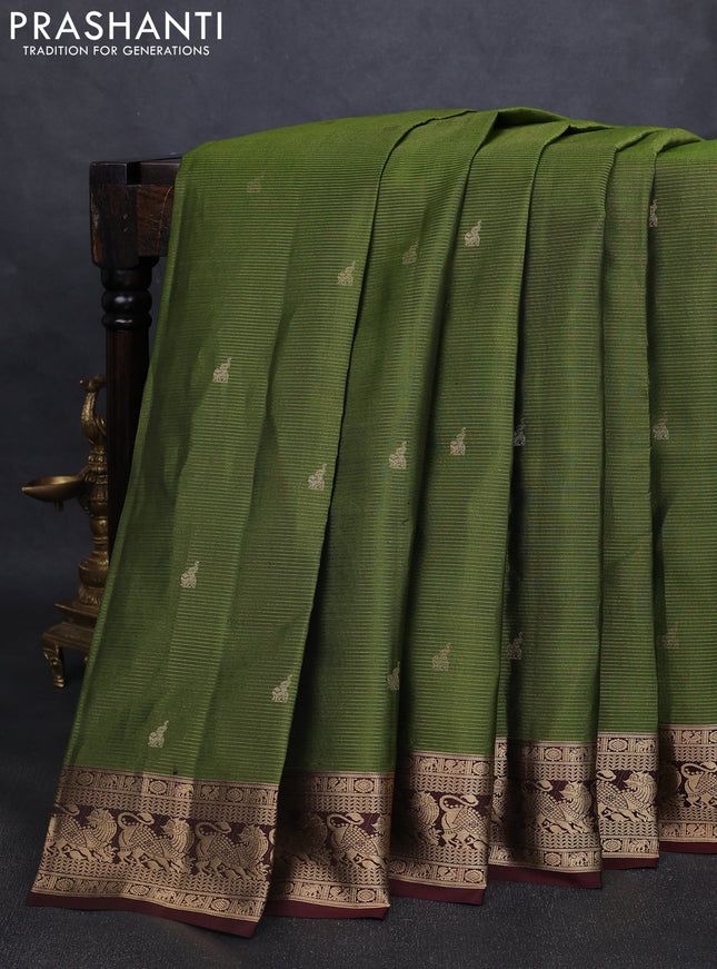 Pure kanchipuram silk saree green and coffee brown with allover vairaosi pattern & buttas and rich vansingaram zari woven border