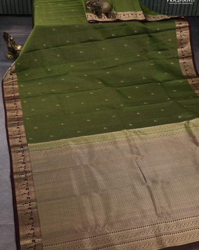 Pure kanchipuram silk saree green and coffee brown with allover vairaosi pattern & buttas and rich vansingaram zari woven border