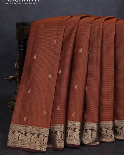 Pure kanchipuram silk saree rust shade and coffee brown with allover vairaosi pattern & buttas and rich vansingaram zari woven border