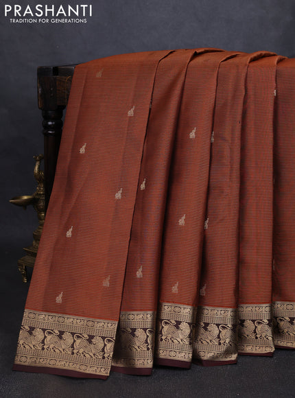 Pure kanchipuram silk saree rust shade and coffee brown with allover vairaosi pattern & buttas and rich vansingaram zari woven border