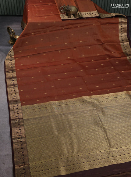 Pure kanchipuram silk saree rust shade and coffee brown with allover vairaosi pattern & buttas and rich vansingaram zari woven border