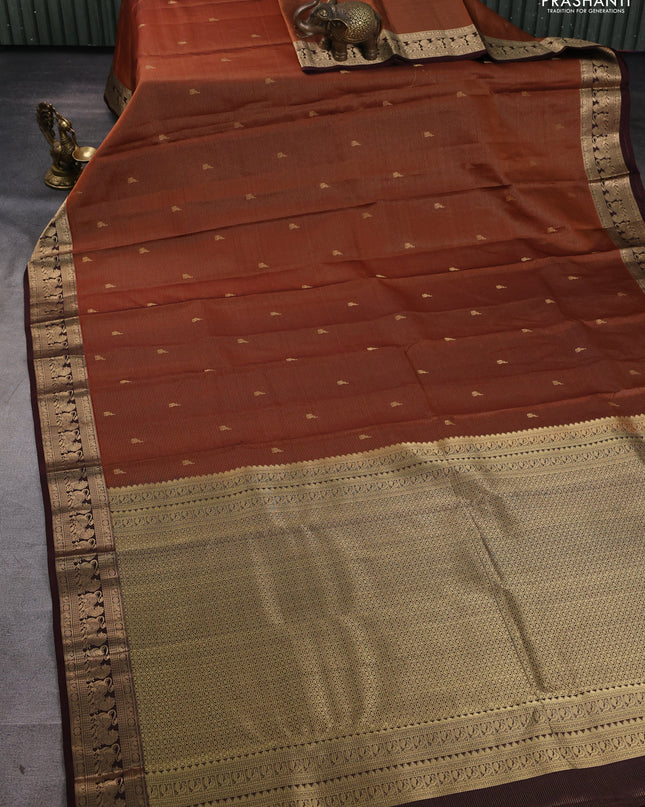 Pure kanchipuram silk saree rust shade and coffee brown with allover vairaosi pattern & buttas and rich vansingaram zari woven border