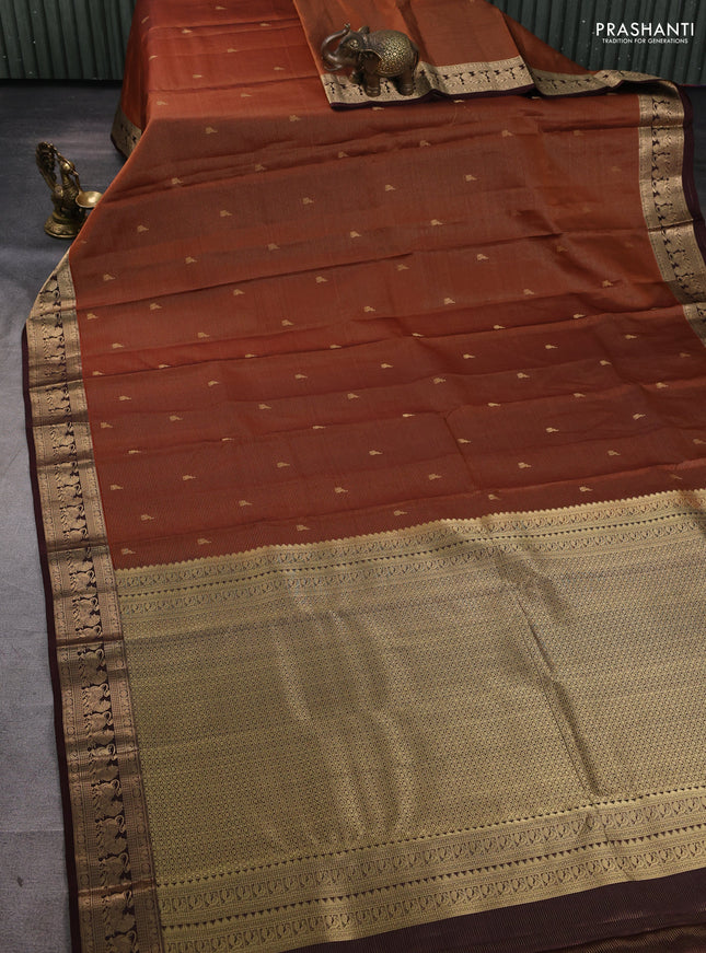 Pure kanchipuram silk saree rust shade and coffee brown with allover vairaosi pattern & buttas and rich vansingaram zari woven border