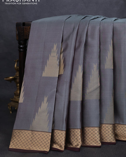 Pure kanchipuram silk saree grey and coffee brown with zari woven temple buttas and rich zari woven border