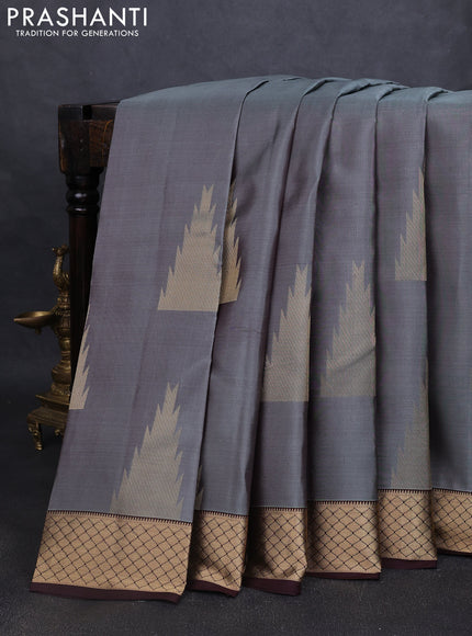 Pure kanchipuram silk saree grey and coffee brown with zari woven temple buttas and rich zari woven border