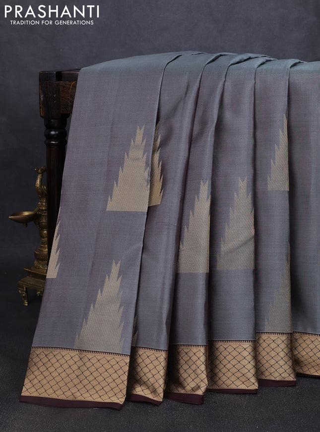 Pure kanchipuram silk saree grey and coffee brown with zari woven temple buttas and rich zari woven border
