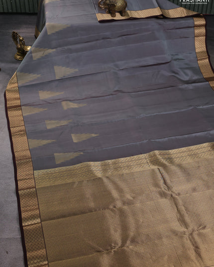 Pure kanchipuram silk saree grey and coffee brown with zari woven temple buttas and rich zari woven border
