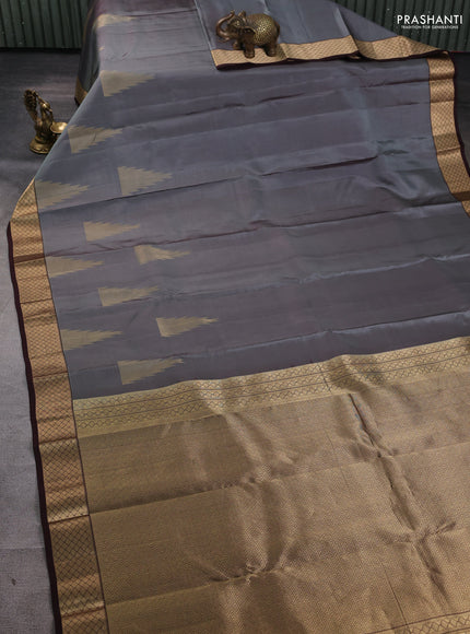 Pure kanchipuram silk saree grey and coffee brown with zari woven temple buttas and rich zari woven border