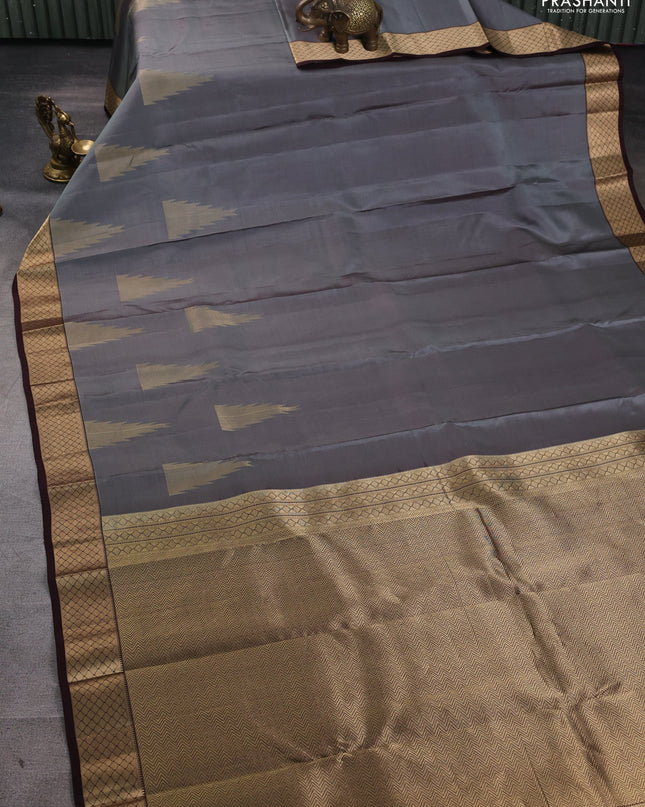 Pure kanchipuram silk saree grey and coffee brown with zari woven temple buttas and rich zari woven border