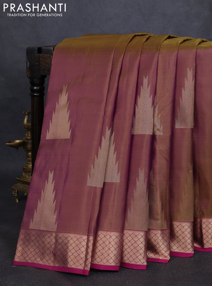 Pure kanchipuram silk saree dual shade of mehendi green and magenta pink with zari woven temple buttas and rich zari woven border