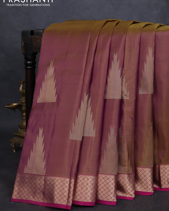 Pure kanchipuram silk saree dual shade of mehendi green and magenta pink with zari woven temple buttas and rich zari woven border