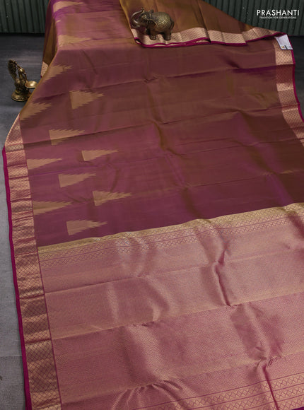 Pure kanchipuram silk saree dual shade of mehendi green and magenta pink with zari woven temple buttas and rich zari woven border