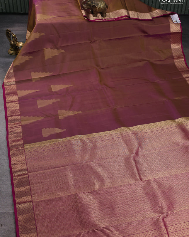 Pure kanchipuram silk saree dual shade of mehendi green and magenta pink with zari woven temple buttas and rich zari woven border