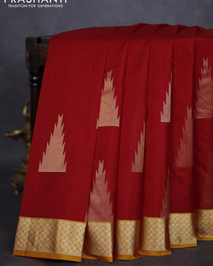 Pure kanchipuram silk saree red and mustard yellow with zari woven temple buttas and rich zari woven border