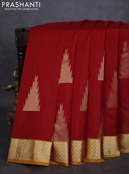 Pure kanchipuram silk saree red and mustard yellow with zari woven temple buttas and rich zari woven border