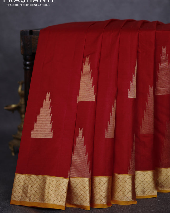 Pure kanchipuram silk saree red and mustard yellow with zari woven temple buttas and rich zari woven border