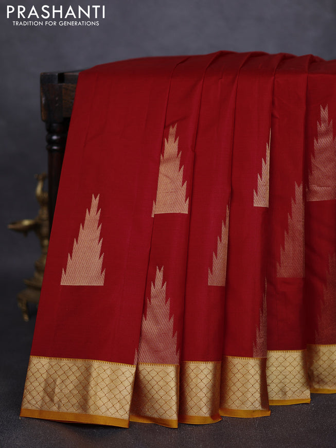 Pure kanchipuram silk saree red and mustard yellow with zari woven temple buttas and rich zari woven border