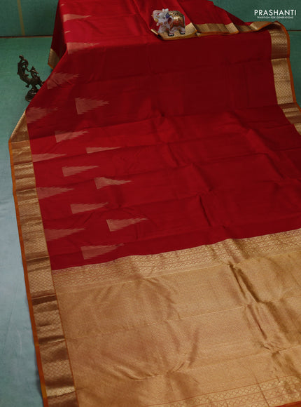 Pure kanchipuram silk saree red and mustard yellow with zari woven temple buttas and rich zari woven border