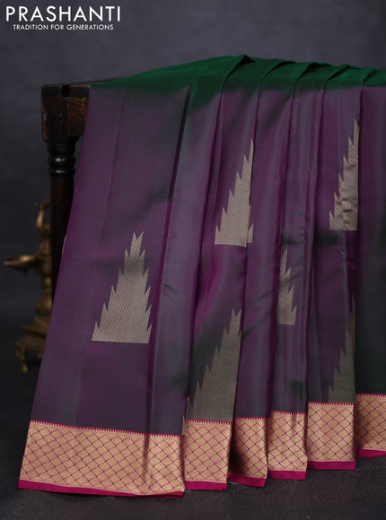 Pure kanchipuram silk saree dual tone greenish purple and pink with zari woven temple buttas and rich zari woven border