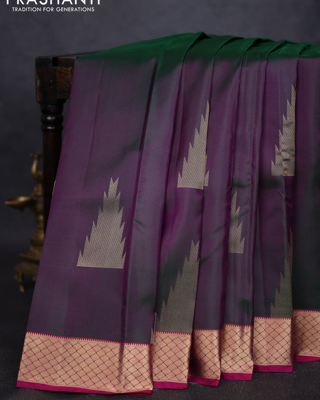 Pure kanchipuram silk saree dual tone greenish purple and pink with zari woven temple buttas and rich zari woven border