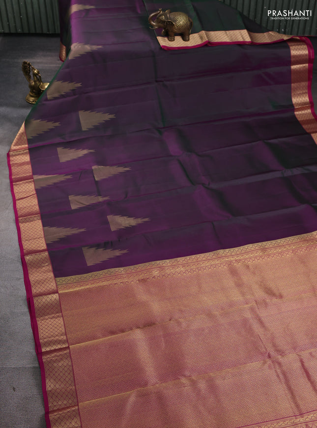 Pure kanchipuram silk saree dual tone greenish purple and pink with zari woven temple buttas and rich zari woven border