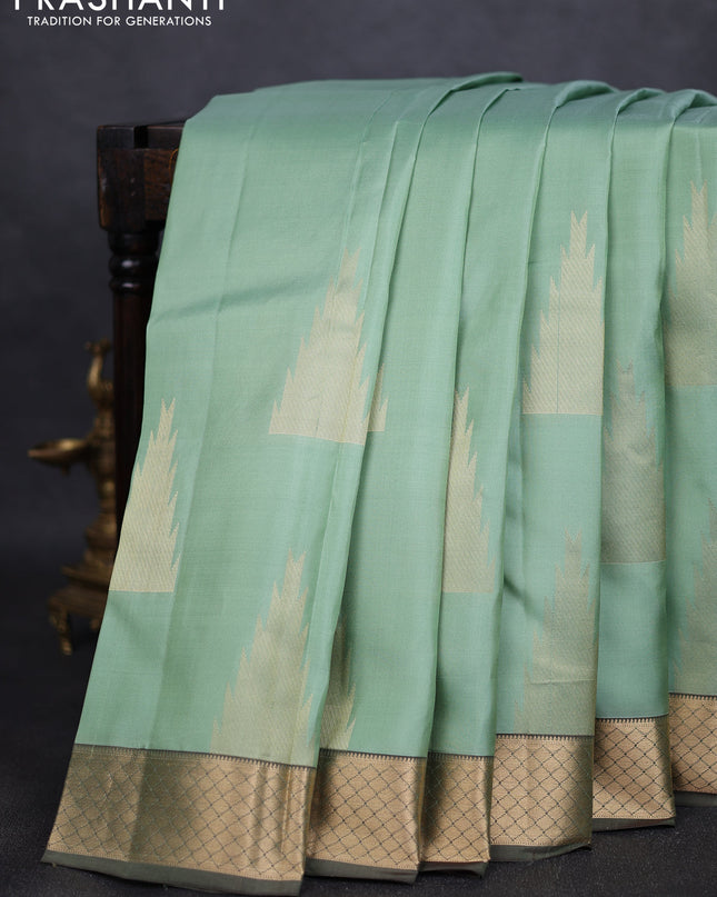 Pure kanchipuram silk saree pastel green with zari woven temple buttas and rich zari woven border